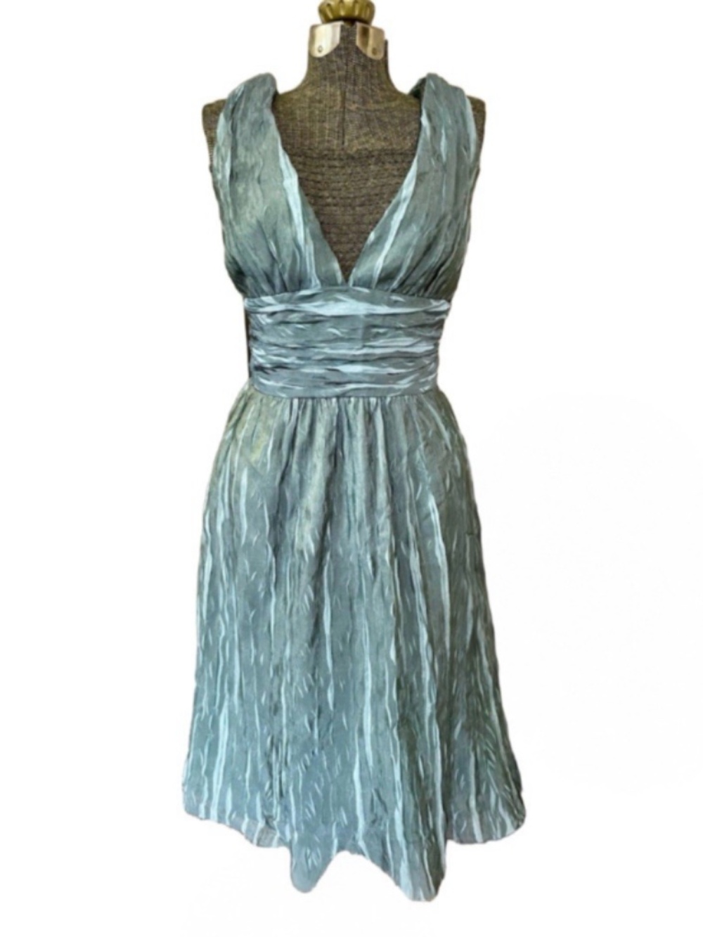 Kay Unger Metallic Sage Green Pleated V-Neck Cocktail Dress Size 6P
